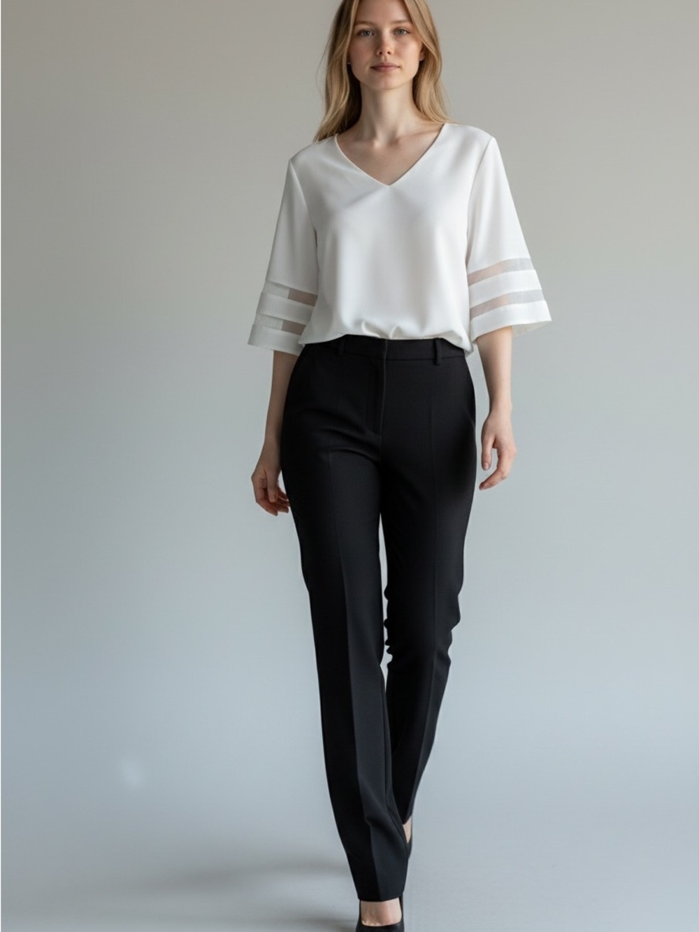 Elegant White V-Neck Blouse with Sheer Sleeve Stripes